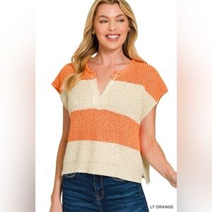 Zenana Split Neck Sleeveless Stripe Sweater